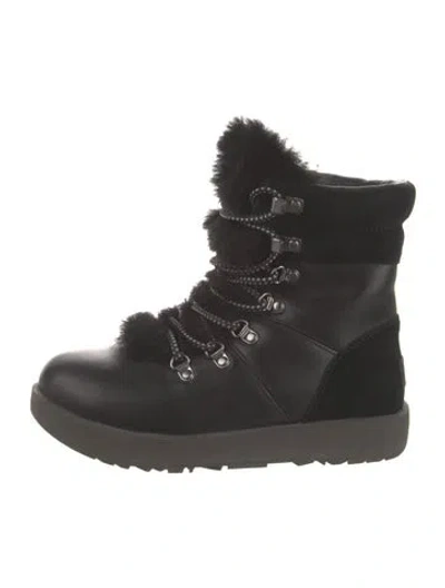 Pre-owned Ugg Leather Fur Trim Combat Boots In Black