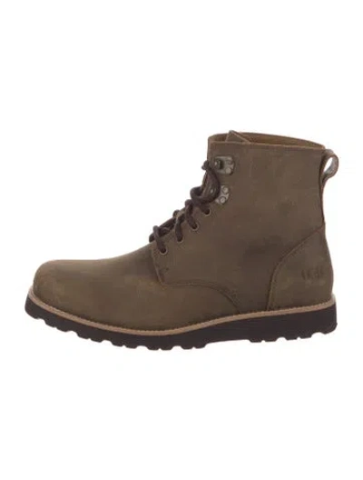Pre-owned Ugg Leather Fur Trim Combat Boots In Brown
