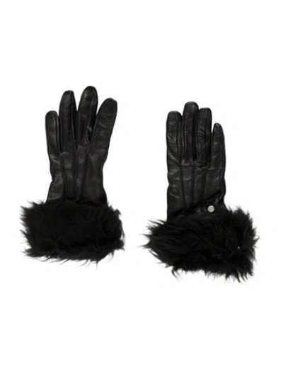 Pre-owned Ugg Leather Fur Trim Gloves In Black