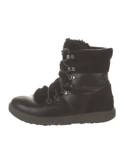 Pre-owned Ugg Leather Fur Trim Hiking Boots In Black