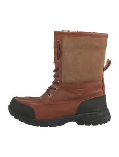 Pre-owned Ugg Leather Fur Trim Hiking Boots In Brown