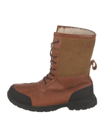 Pre-owned Ugg Leather Fur Trim Lace-up Boots In Brown