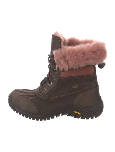 Pre-owned Ugg Leather Fur Trim Lace-up Boots In Brown