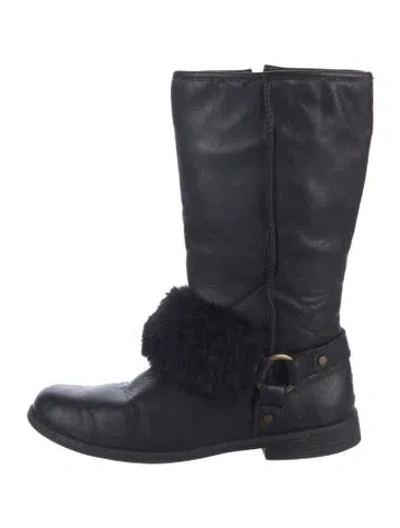 Pre-owned Ugg Leather Fur Trim Moto Boots In Black