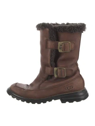 Pre-owned Ugg Leather Fur Trim Rain Boots In Brown