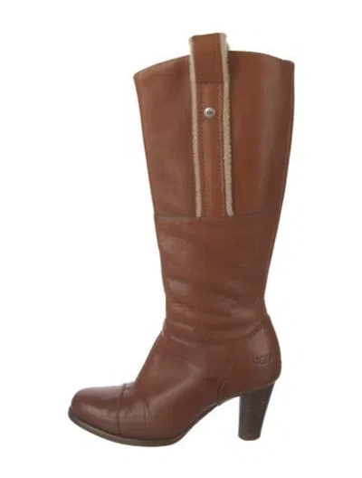 Pre-owned Ugg Leather Fur Trim Riding Boots In Brown