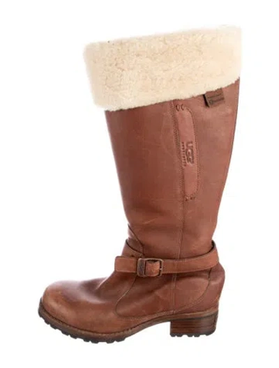 Pre-owned Ugg Leather Fur Trim Riding Boots In Brown