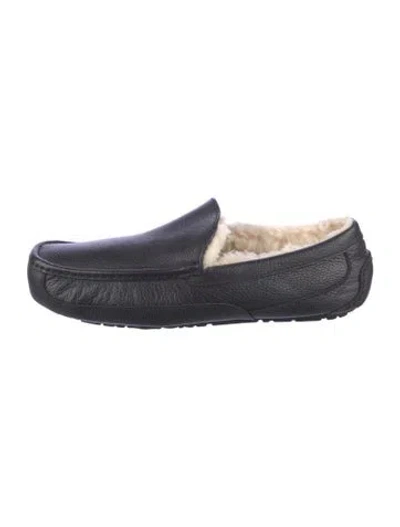 Pre-owned Ugg Leather Fur Trim Slippers In Blue