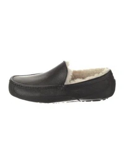 Pre-owned Ugg Leather Fur Trim Slippers W/ Tags In Black