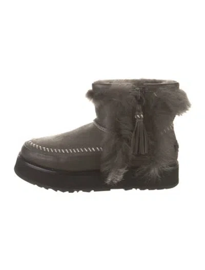 Pre-owned Ugg Leather Fur Trim Snow Boots In Gray