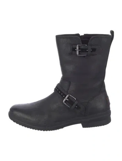 Pre-owned Ugg Leather Moto Boots In Black