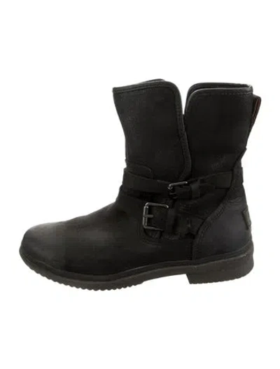 Pre-owned Ugg Leather Moto Boots In Black