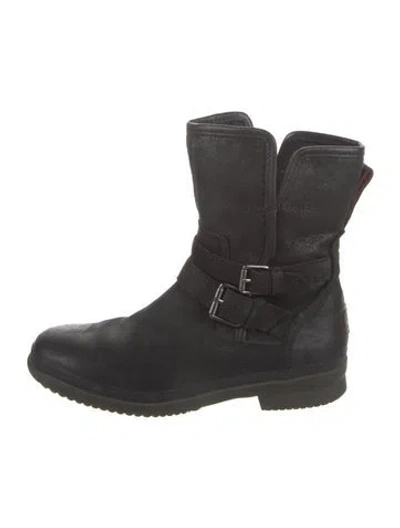 Pre-owned Ugg Leather Moto Boots In Black