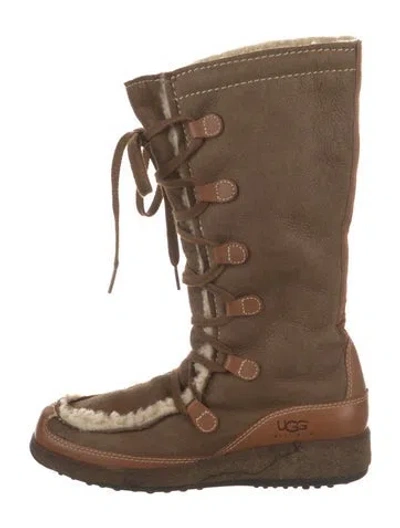 Pre-owned Ugg Leather Plaid Print Lace-up Boots In Brown