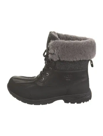Pre-owned Ugg Leather Tweed Pattern Snow Boots In Black