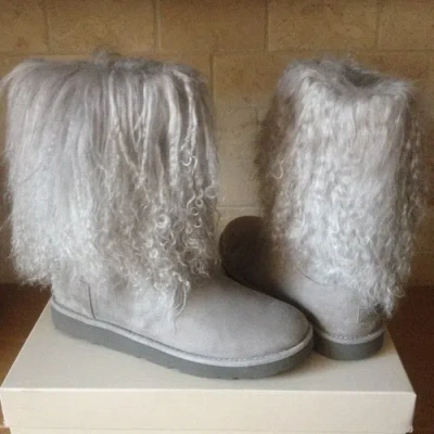 Pre-owned Ugg Lida Mongolian Long Sheepskin Cuff Gray Grey Suede Short Boots Size 6 Womens In Seal Grey Gray