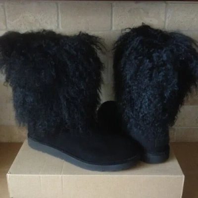 Pre-owned Ugg Lida Mongolian Sheepskin Cuff Black Suede Classic Short Boots Size 7 Womens