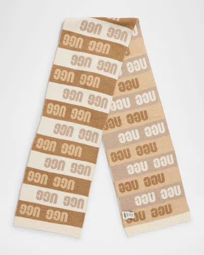 Ugg Logo Graphic Striped Scarf In Brown
