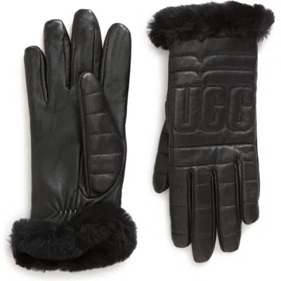 Ugg ® Logo Quilted Leather & Genuine Shearling Gloves In Black