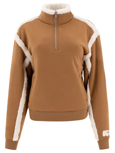 Ugg Fleece-trimmed Quarter-zip Pullover In Brown