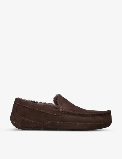 UGG MENS ASCOT LOGO-EMBROIDERED SUEDE AND SHEARLING SLIPPERS BROWN/OTH EUR 40 / 6 UK