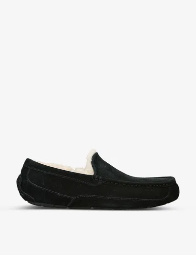 UGG MENS BLACK ASCOT LOGO-EMBROIDERED SUEDE SLIPPERS EUR 46 / 12 UK,65470153