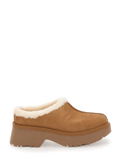 UGG UGG ‘NEW HEIGHT' MULE WITH BROWN SUEDE WOMEN'S EMBOSSED STITCHING DETAIL