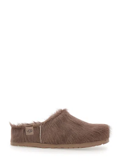 Ugg Otzo Leather Hair Clog Mule With Soft Fur And Rubber Sole In Brown