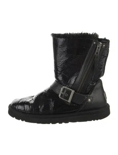 Pre-owned Ugg Patent Leather Moto Boots In Black