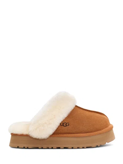 Ugg Platform Slippers With Plush Shearling Collar And Contrast Logo In Neutral