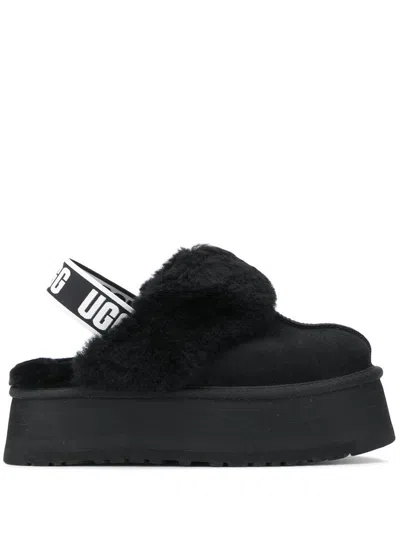 Ugg Platform Strap Mules In Black Leather With Faux Fur Trim
