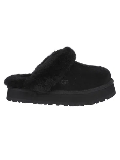 UGG PLUSH LINED BLACK SLIP-ON SANDALS WITH THICK SOLE