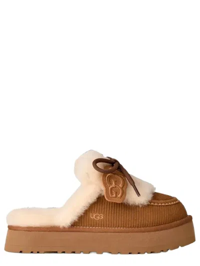 Ugg Printed Suede Mini Platform Sandals With Sheepskin Trim In Brown