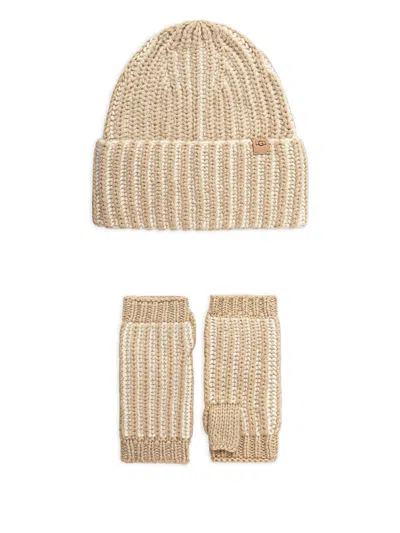 UGG RIBBED LOGO-PATCH BEANIE SET