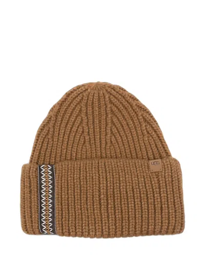 Ugg Ribbed-knit Embroidered-trim Beanie Hat In Brown