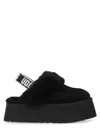 Ugg Black Leather Clog With Faux Fur And Elastic Back  In Black