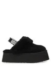 Ugg Platform Strap Mules In Black Leather With Faux Fur Trim In Black