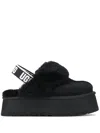 Ugg Platform Strap Mules In Black Leather With Faux Fur Trim In Black