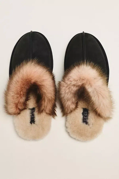 Ugg Schuffette Nubuck Fur-trim Slippers In Black