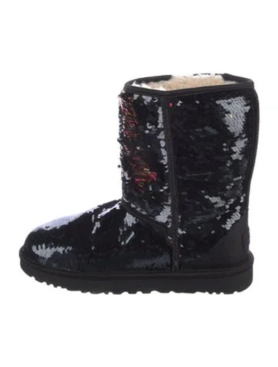 Pre-owned Ugg Sequins Fur Trim Lace-up Boots In Black