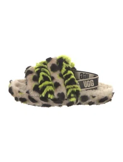 Pre-owned Ugg Shearling Animal Print Slides In Green