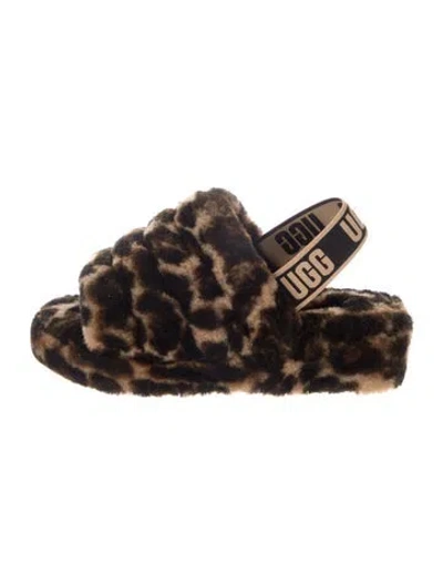 Pre-owned Ugg Shearling Animal Print Slingback Sandals In Brown