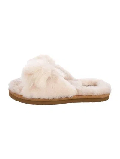 Pre-owned Ugg Shearling Bow Accents Slides In Neutral