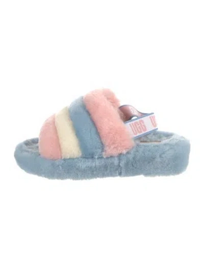 Pre-owned Ugg Shearling Colorblock Pattern Slides In Blue