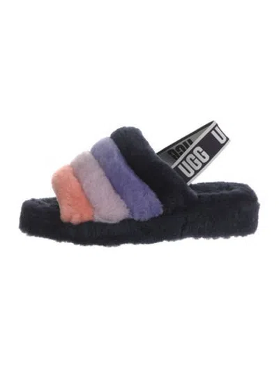 Pre-owned Ugg Shearling Colorblock Pattern Slides In Blue