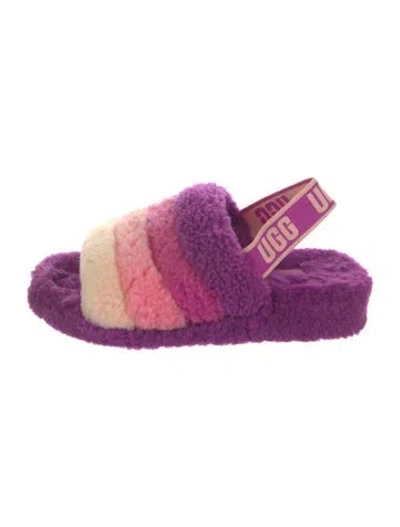 Pre-owned Ugg Shearling Colorblock Pattern Slides In Purple