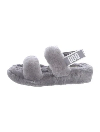 Pre-owned Ugg Shearling Graphic Print Slides In Gray