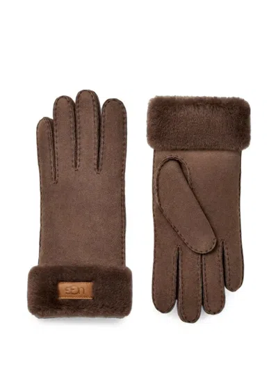 Ugg Shearling-trim Suede Gloves In Brown
