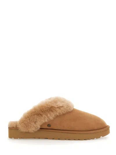 Ugg 'classic Slipper Ii' Beige Slip-on Mules With Faux Fur And Suede Leather Woman In Brown