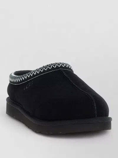 Ugg Slippers Embroidered Trim Flat Sole Round Toe In Black